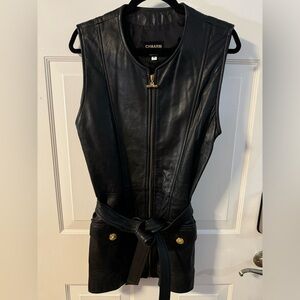 CHAARM Leather Women's Belted Zip Up Gold Button Vest Made in USA Luxury Vintage